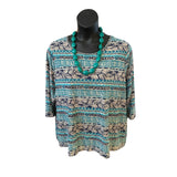 Maggie Barnes Turquoise & Gold Foil Aztec Print Top | Size 2X