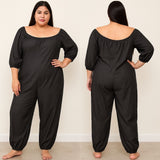 Lloyd Off-Shoulder Black Stretch Jumpsuit with Pockets – Plus Size 3X