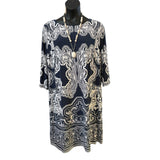 INC Plus Size 3X Navy & White Scroll Print Dress – Boat Neck, 3/4 Sleeve, 38” Length