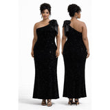 Black Sequin One-Shoulder Gown with Satin Bow – Size 4X (20–22) - Style Plus Consignment Boutique