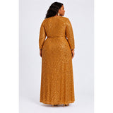 Gold Sequin Stretch Velvet Long Sleeve Evening Gown Size 18W