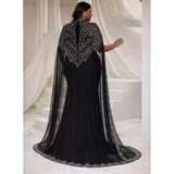 Black Iridescent Rhinestone Mock Neck Cape Mermaid Gown – Plus Size 5X (22) NWT