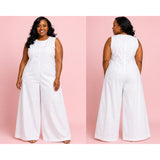 Uoozee XL White 100% Cotton Wide Leg Jumpsuit Hidden Zip Pockets
