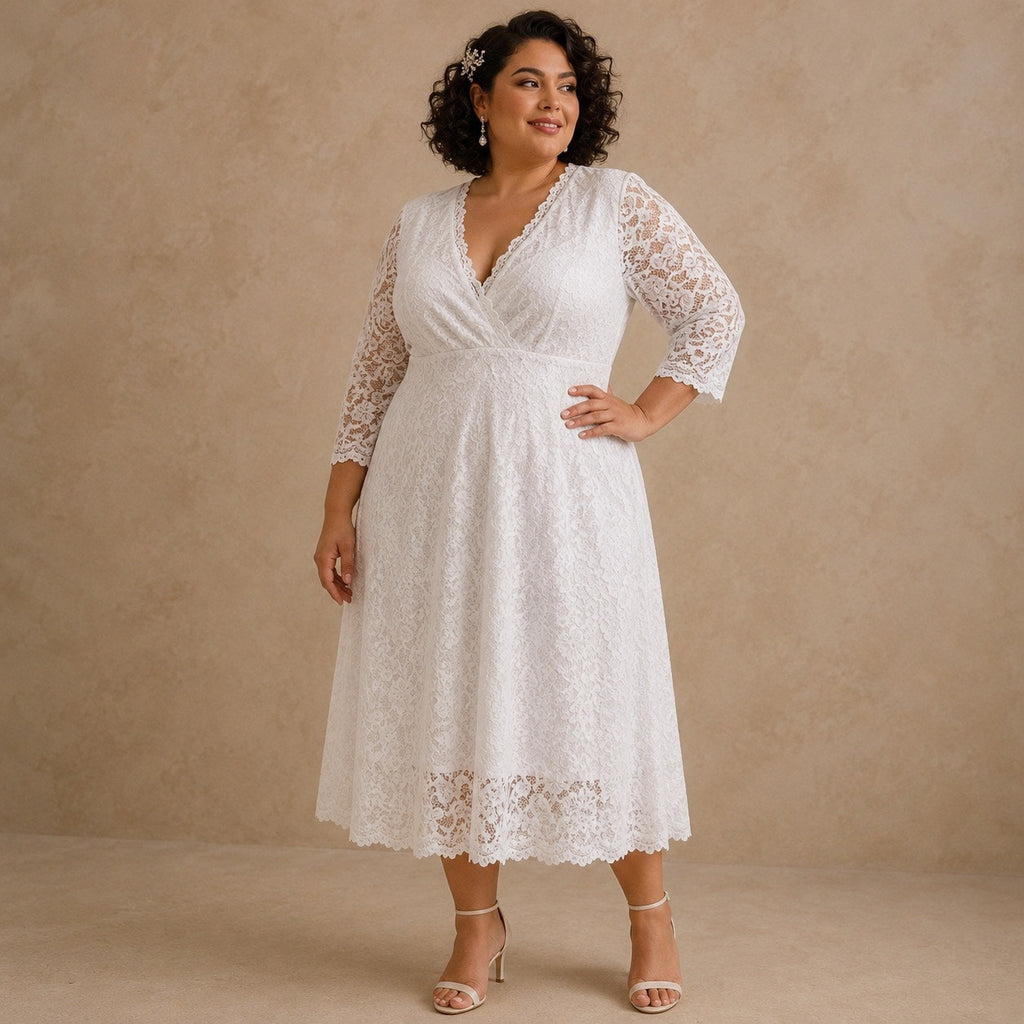 Plus Size White Lace Bridal Midi Dress 1X Romantic Wedding Guest