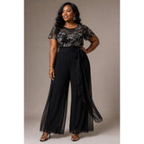 MSK Woman Chiffon Overlay Palazzo Pants 1X Black Wide Leg Evening Pants