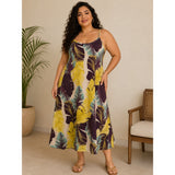 Shein Tropical Leaf Print A-Line Midi Dress 2XL Boho Resort
