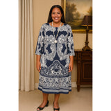 INC Plus Size 3X Navy & White Scroll Print Dress – Boat Neck, 3/4 Sleeve, 38” Length