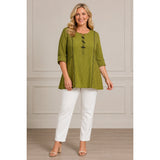 Ali Miles Olive Textured Tunic Top L Black Trim Roll-Tab Sleeves Cotton Blend
