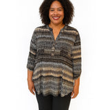 Ava & Grace Woman 3X Tunic Top – Black, Brown & Tan Ikat Print with Chest Pockets