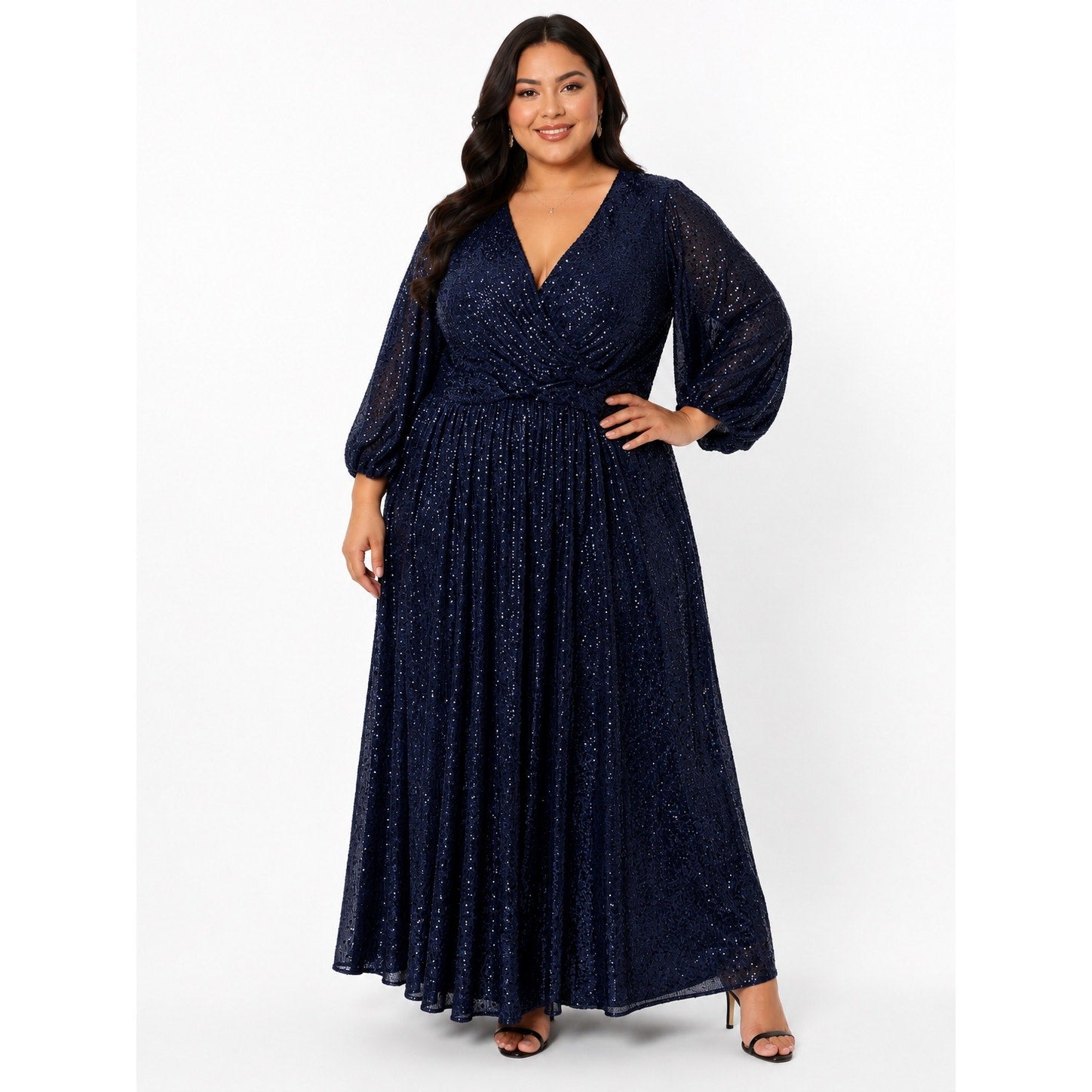navy blue sequin dress plus size Midnight Maxi Gown 26/28 4X Wrap Bodice Puff Sleeve Glam size-2x-16 breathable material makes it Women's Floral Print Dresses Size:3Y/4Y