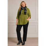 Ali Miles Olive Textured Tunic Top L Black Trim Roll-Tab Sleeves Cotton Blend