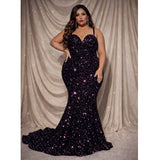 Black Velvet Evening Gown with Pink Sequins and Train | Spaghetti Strap | (22-24) - Style Plus Consignment Boutique