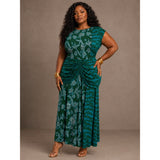 IMAN 2XP Green Floral Ruched Maxi Dress | Keyhole Back | Stretch Knit Plus Size