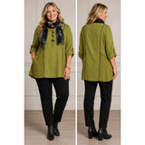 Ali Miles Olive Textured Tunic Top L Black Trim Roll-Tab Sleeves Cotton Blend