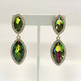 Gold Tone Clip-On Earrings with Green Aurora Borealis Crystal Stones