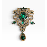 Vintage Style Antique Gold Tone Emerald Green Rhinestone Statement Brooch 5”