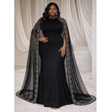Black Iridescent Rhinestone Mock Neck Cape Mermaid Gown – Plus Size 5X (22) NWT