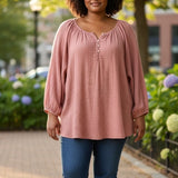 Boho Gauze Peasant Blouse Plus Size Dusty Rose Balloon Sleeve Tunic Top 4X