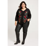 CJ Banks 1X Black Button-Front Sweater with Multicolor Embroidery