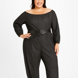 Lloyd Off-Shoulder Black Stretch Jumpsuit with Pockets – Plus Size 3X