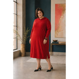 2XL Red Hooded Midi Dress Pockets Banded Hem Stretch