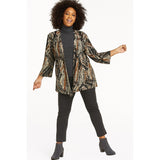 Kasper X Large Open Front Cardigan – Abstract Chocolate, Silver & Tan Print