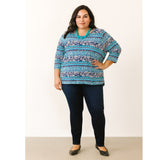 Maggie Barnes Turquoise & Gold Foil Aztec Print Top | Size 2X