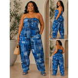 Goodtimes USA Denim Patchwork Strapless Jumpsuit 1X Boho Harem Lounge Resort