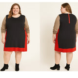 Eliza J 3X Colorblock Knit Dress – Black, Camel & Red with Gold Zipper