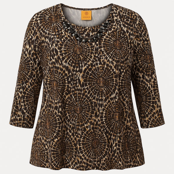 Ruby Rd. 3X Beaded Neckline Abstract Print Top Brown Black White