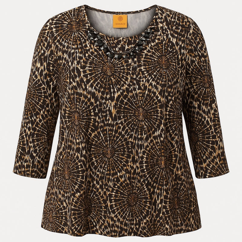 Ruby Rd. 3X Beaded Neckline Abstract Print Top Brown Black White