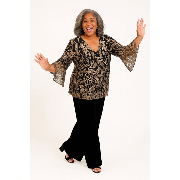 Prelude Black & Gold Metallic Embroidered Top with Bell Sleeves – Size Large
