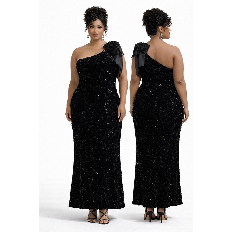 black sequin dress size 20 Black Sequin One-Shoulder Gown with Satin Bow – Size 4X (20–22) – Style  Plus Consignment Boutique