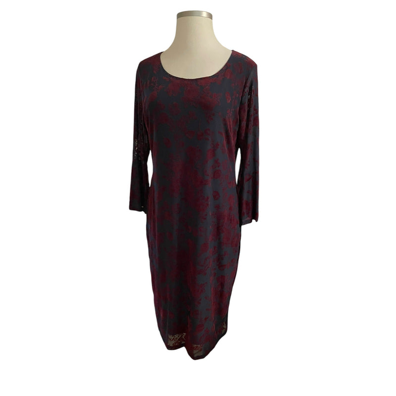HAANI Wine Flocked Velvet Floral Print Bell Sleeve Hem