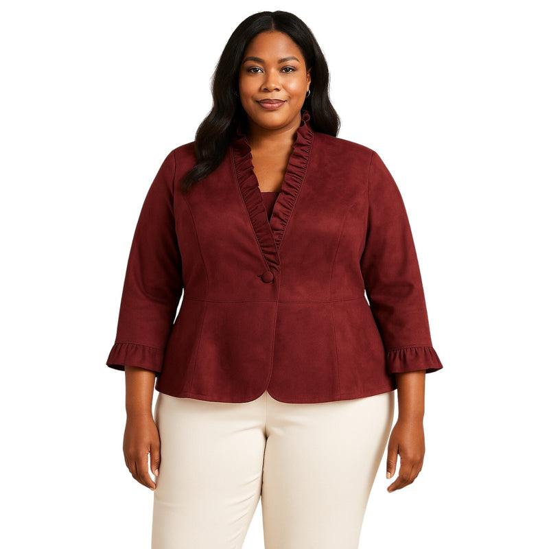 Nygard Ultra Suede Ruffle Jacket 20W – Wine, Princess Seams, Chic Fit