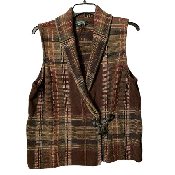 Lauren for Ralph Lauren Brown Plaid Cotton Vest 2X Toggle Button