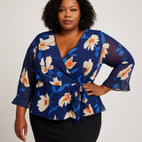 Perception Woman Plus Size 3X Floral Faux Wrap Blouse – Vibrant Blue