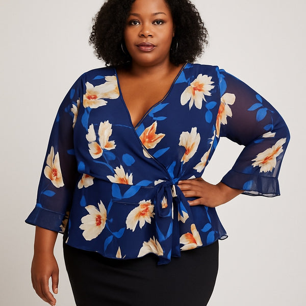 Perception Woman Plus Size 3X Floral Faux Wrap Blouse – Vibrant Blue