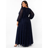 Midnight Navy Sequin Maxi Gown Plus Size 26/28 4X Wrap Bodice Puff Sleeve Glam - Style Plus Consignment Boutique