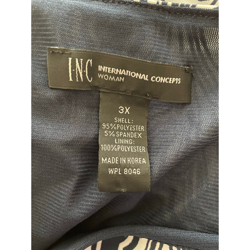 INC Plus Size 3X Navy & White Scroll Print Dress – Boat Neck, 3/4 Sleeve, 38” Length