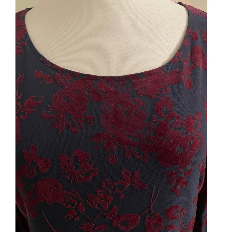 HAANI Wine Flocked Velvet Floral Print Bell Sleeve Hem