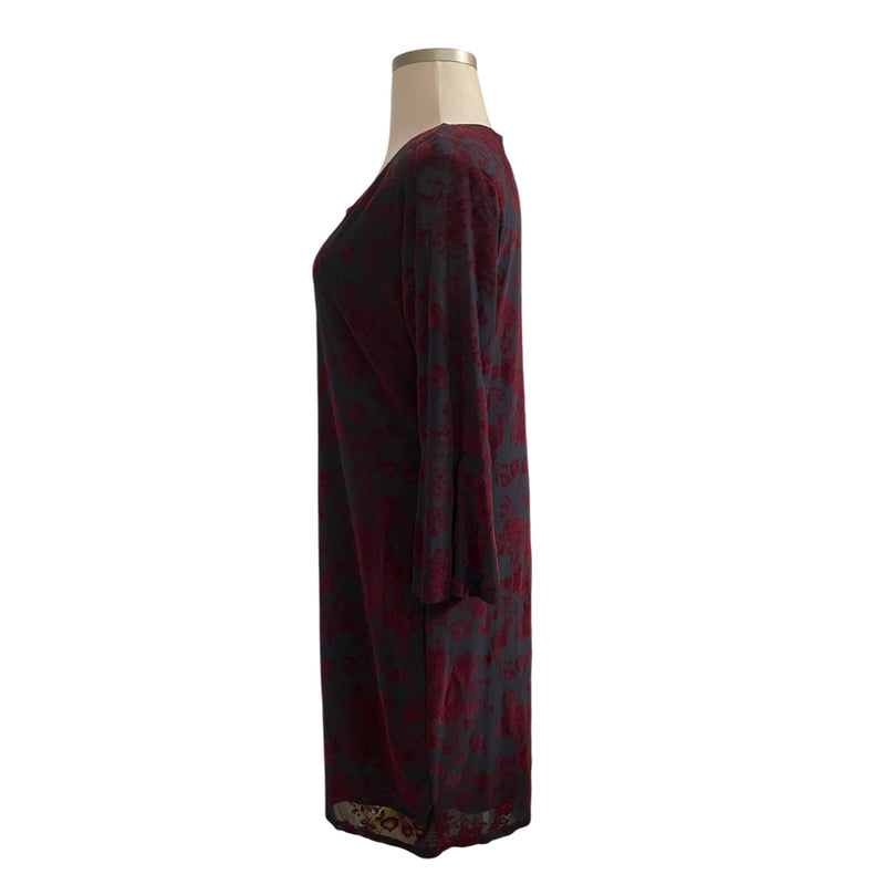 HAANI Wine Flocked Velvet Floral Print Bell Sleeve Hem