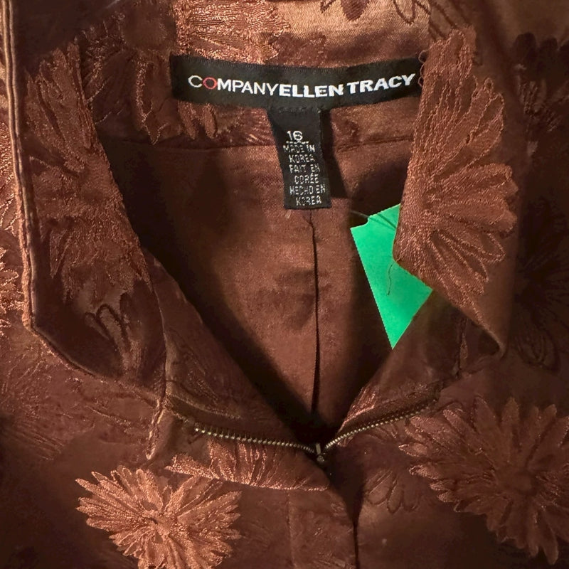 Ellen Tracy 16W Copper Floral Brocade Zip Jacket with Slant Pockets