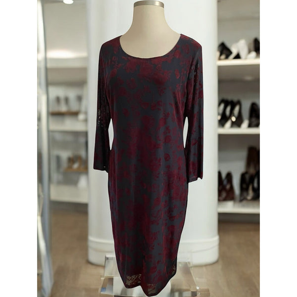 HAANI Wine Flocked Velvet Floral Print Bell Sleeve Hem