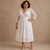 Plus Size White Lace Bridal Midi Dress 1X Romantic Wedding Guest