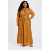 Gold Sequin Stretch Velvet Long Sleeve Evening Gown Size 18W