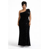 Black Sequin One-Shoulder Gown with Satin Bow – Size 4X (20–22) - Style Plus Consignment Boutique