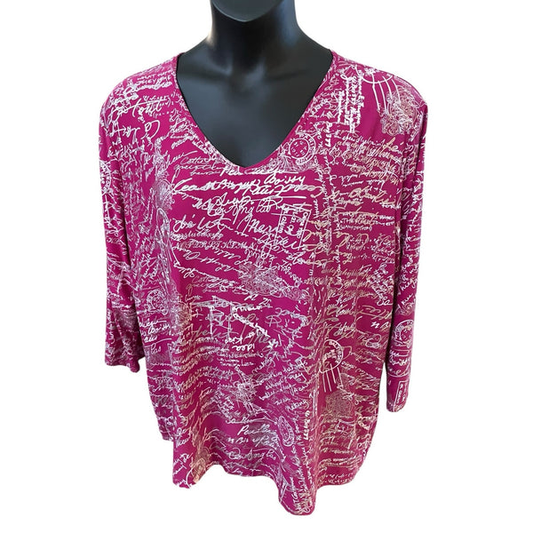 Nygard 3X Magenta Script Print V-Neck Jersey Knit Blouse