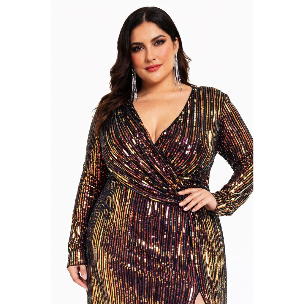 fitted lace wedding dress Plus Size Multicolor Sequin V-Neck Long Sleeve Maxi Dress – 4X (20/22) –  Style Plus Consignment Boutique