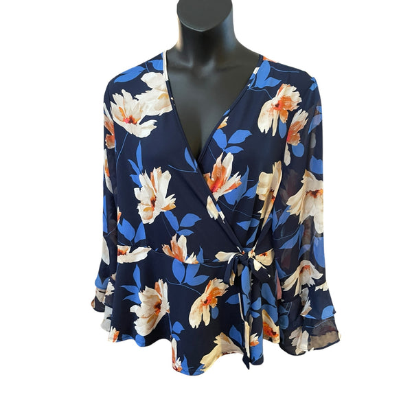 Perception Woman Plus Size 3X Floral Faux Wrap Blouse – Vibrant Blue